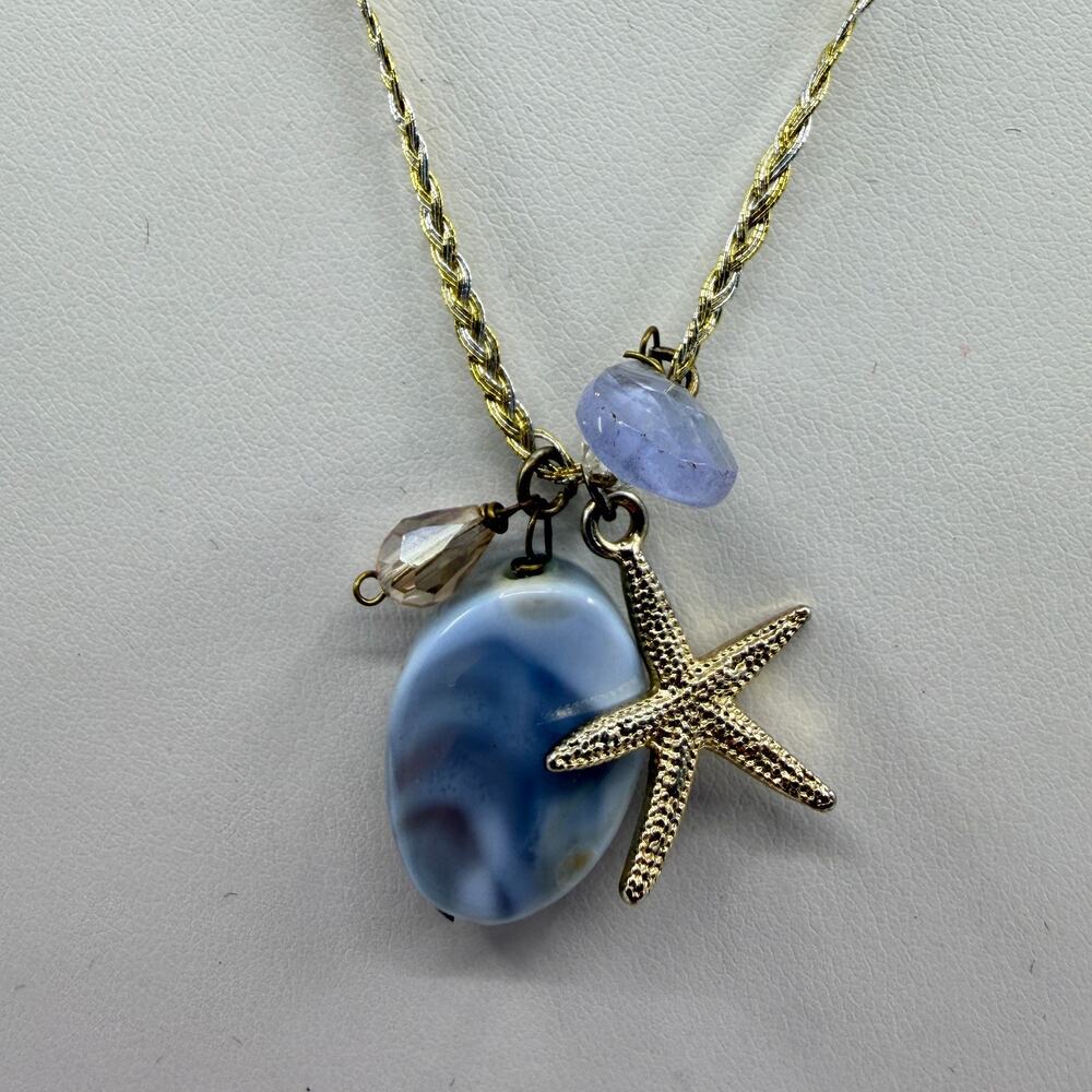 Beach Chic Coastal Starfish Pendant Necklace with Blue Stone Charms Statement